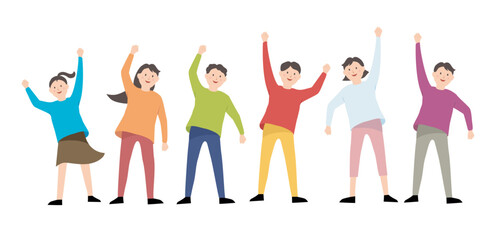 An illustration of many people, including adults, men, women, and children, smiling brightly and raising their arms.