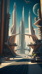 Futuristic city with flying cars. 3d model. Generative Ai. 