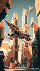 Futuristic city with flying cars. 3d model. Generative Ai. 