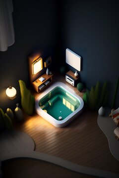 Detailed isometric water room render, unreal engine voxel render, video games, very cozy, nostalgia, boy in room in front of tv, c4d render