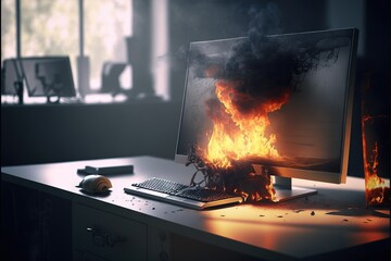 Deadlines are burning. Burnout concept. Computer is caught on fire in the office space.