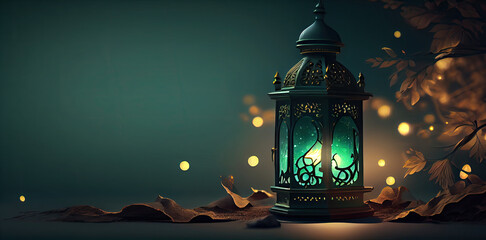 ramadan Kareem background illustration. Ramadan Kareem background with mosque and lanterns. generative Ai