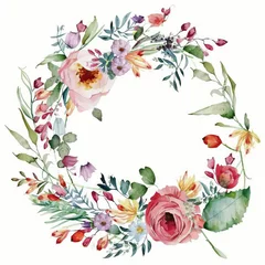 Foto op Canvas Floral wreath with beautiful elegant flowers and leaves. Generative AI © Evarelle