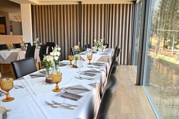 Tables set for an event party or wedding reception.Luxury elegant table setting 