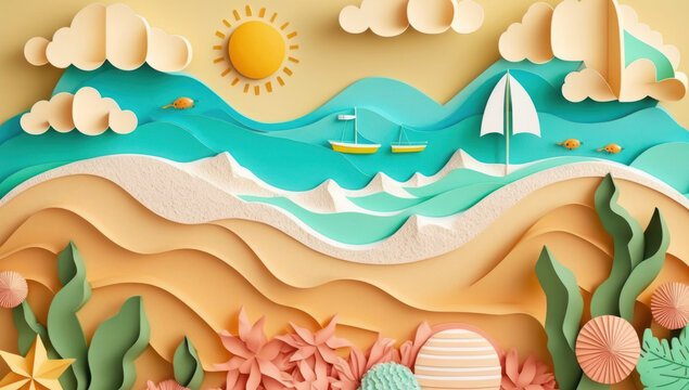 Beach town background in paper craft. Generative ai.