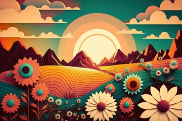 Fototapeta na wymiar Abstract retro psychedelic fancy landscape with vibrant color fields, daisy flowers and sun .Generative ai.