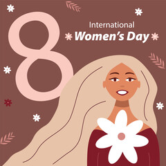 Blonde woman with flower, international women's day, greeting card