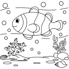 Funny fish cartoon characters vector illustration. For kids coloring book.