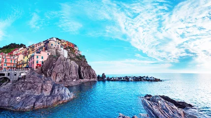 Papier Peint photo Turquoise Beautiful magic colorful summer landscape on the coast of Manarola in Cinque Terre, Liguria, Italy.  Exotic amazing places. Popular tourist atraction.