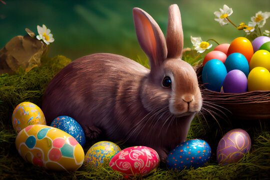 Easter eggs in straw nest with playful bunny, Ai Generative. High quality photo