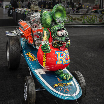DETROIT, MI/USA - February 24, 2023: "Surf Fink"/ Rat Fink (anti-hero to Mickey Mouse) / Ed Roth tribute car, at Detroit Autorama.