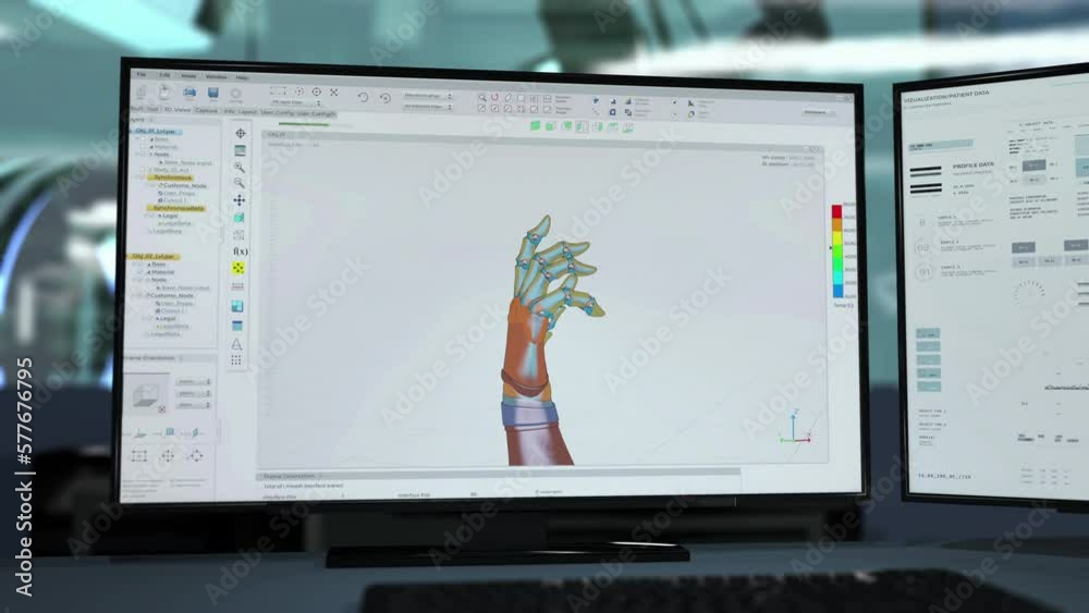Wall mural computer screen displays advanced engineering software manufacturing robotic arm. cyberware engineer