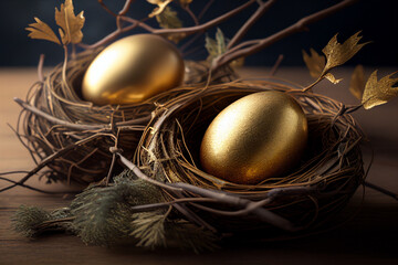 Beautiful golden Easter eggs in a nest. Generative AI
