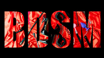 Creative BDSM lettering on a black background. Set of sexy erotic toys