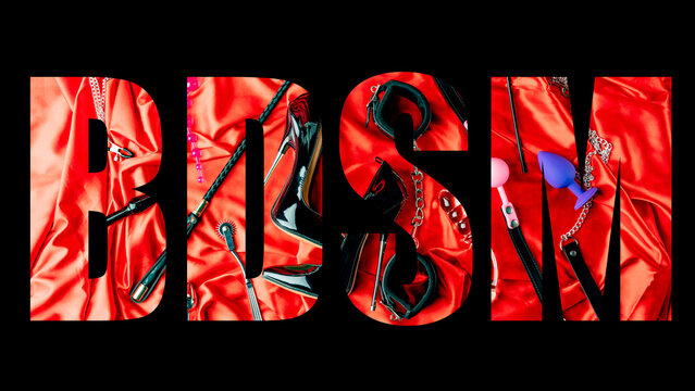 Creative BDSM lettering on a black background. Set of sexy erotic toys