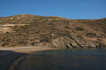 View of the beautiful sandy beach of Lorentzena in Ios Greece
