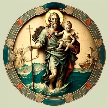 Saint Christopher with Jesu Christi. AI generativ.
