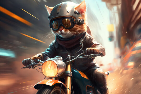 Brutal cool cat biker, serious fluffy pet in helmet, goggles fast riding motorcycle, motion blur. Creative illustration created by Generative AI
