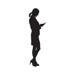 Woman standing and using a phone silhouette on white background.