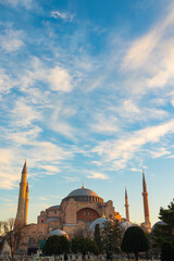 Fototapeta na wymiar Hagia Sophia vertical photo. Ayasofya Mosque at sunrise in the morning