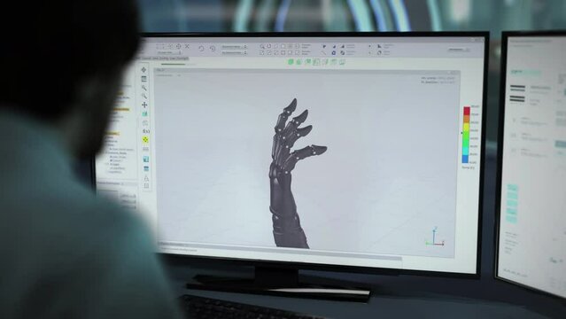 Futuristic Robotic Manufacturing Utilized By Software UI To Fabricate Robot Arm Parts. Futuristic Manufacturing Of Robot Arm Components. Manufacturing Of Robot Arm With Futuristic Cyberware Design