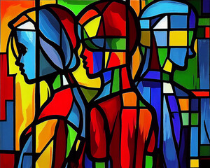 Colorful illustration made in the style of cubism people on the street of the city