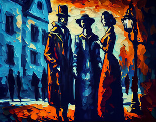 Colorful illustration of people on the street of the city made in the style of abstract art