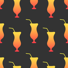 Alcohol cocktail in hurricane glass vector seamless pattern. Sunset gradient elements on black background. Best for textile, wallpapers, wrapping paper, package and bar decoration.