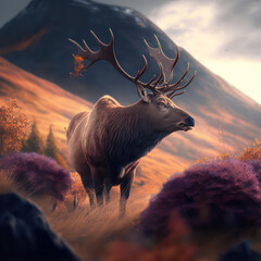 Generative AI illustration of beautiful red deer stag in vibrant Autumn Fall mountain landscape image