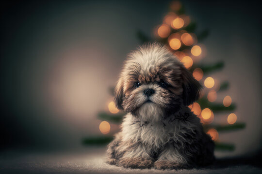 Generative AI illustration of beautiful cute adorable Shih Tzu puppy dog in front of Christmas tree with bokeh lights