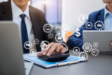Businessman, administrator, financial audit and secretary making reports, calculating balance....