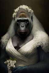  Gorilla dressed up in wedding dress. Generative AI