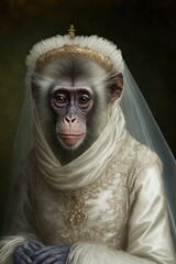  Monkey dressed up in wedding dress. Generative AI