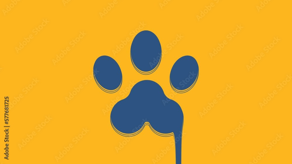 Sticker Blue Paw print icon isolated on orange background. Dog or cat paw print. Animal track. 4K Video motion graphic animation