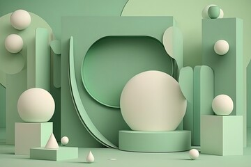 Minimal scene with podium and abstract background. Green and white colors scene. Trendy 3d render for social media banners, promotion, cosmetic product show. Geometric shapes interior