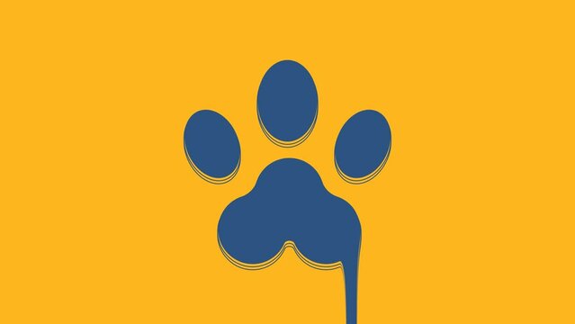 Blue Paw print icon isolated on orange background. Dog or cat paw print. Animal track. 4K Video motion graphic animation