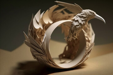 Creative jewelry made of wood, wooden ring with a raven close-up. Generative AI