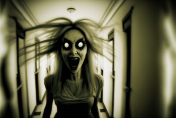 Ghoulish living dead female zombie, hotel hallway, no escape from terror, face of pure horror, raging anger, dramatic wild hair, evil eyes nightmare - fictional person generative AI - obrazy, fototapety, plakaty