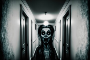 Ghoulish living dead female zombie, hotel hallway, no escape from terror, face of pure horror, raging anger, dramatic wild hair, evil eyes nightmare - fictional person generative AI