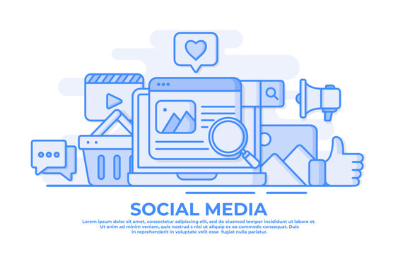 Digital marketing, Social media marketing flat vector illustration for web design, web banner, landing page, Content strategy marketing, Social media advertising, Usage of social media