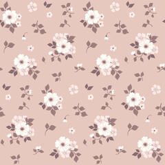 Seamless floral pattern, delicate ditsy print with vintage motif. Rustic botanical design in monochrome: small hand drawn flowers, leaves, decorative bouquets on light background. Vector illustration.