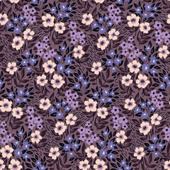 Seamless floral pattern, artistic ditsy print with vintage wild garden. Beautiful botanical design: hand drawn small flowers, leaves, twigs, wild flora on a dark purple background. Vector illustration