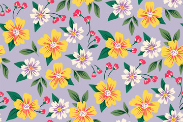 Fototapeta na wymiar Seamless floral pattern, colorful ditsy print with vintage summer motif. Cute botanical design with small hand drawn flowers, leaves in a liberty arrangement on a lilac background. Vector illustration