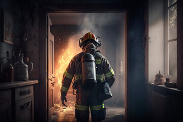 Fototapeta na wymiar Firefighter rescuer man in protective clothing and helmet extinguishes fire in a burning house, house fire, a hero. Generative AI