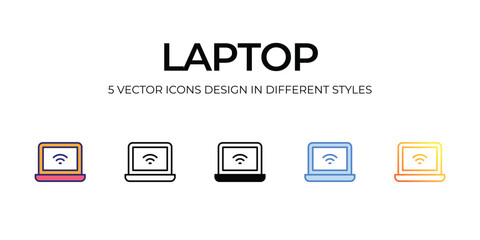 laptop Icon Design in Five style with Editable Stroke. Line, Solid, Flat Line, Duo Tone Color, and Color Gradient Line. Suitable for Web Page, Mobile App, UI, UX and GUI design.
