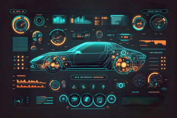 Infographic interface of cars in HUD style, analysis and diagnostics in the servicing of modern cars are of great help in identifying faults. AI generated illustration.