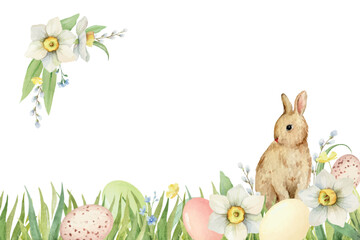 Watercolor vector Happy Easter card with cute bunnie, eggs, flowers and grass.
