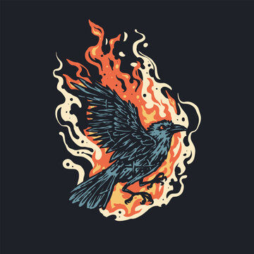 A black raven with flames on it vintage style illustration