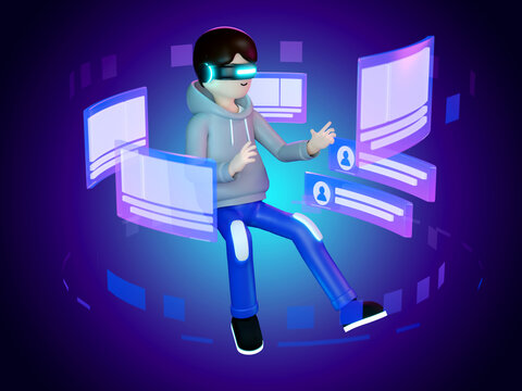 3d illustration.using virtual reality glasses and touching vr interface. Into the future 3D render