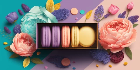 Fotobehang Box of colorful macarons surrounded by vibrant flowers, ideal for gifting and celebrations. © Liana
